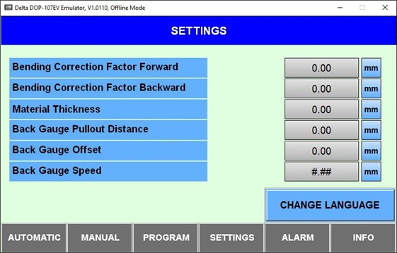 Horizontal Press Brake with Automated Side Gauge settings Mode Screen.