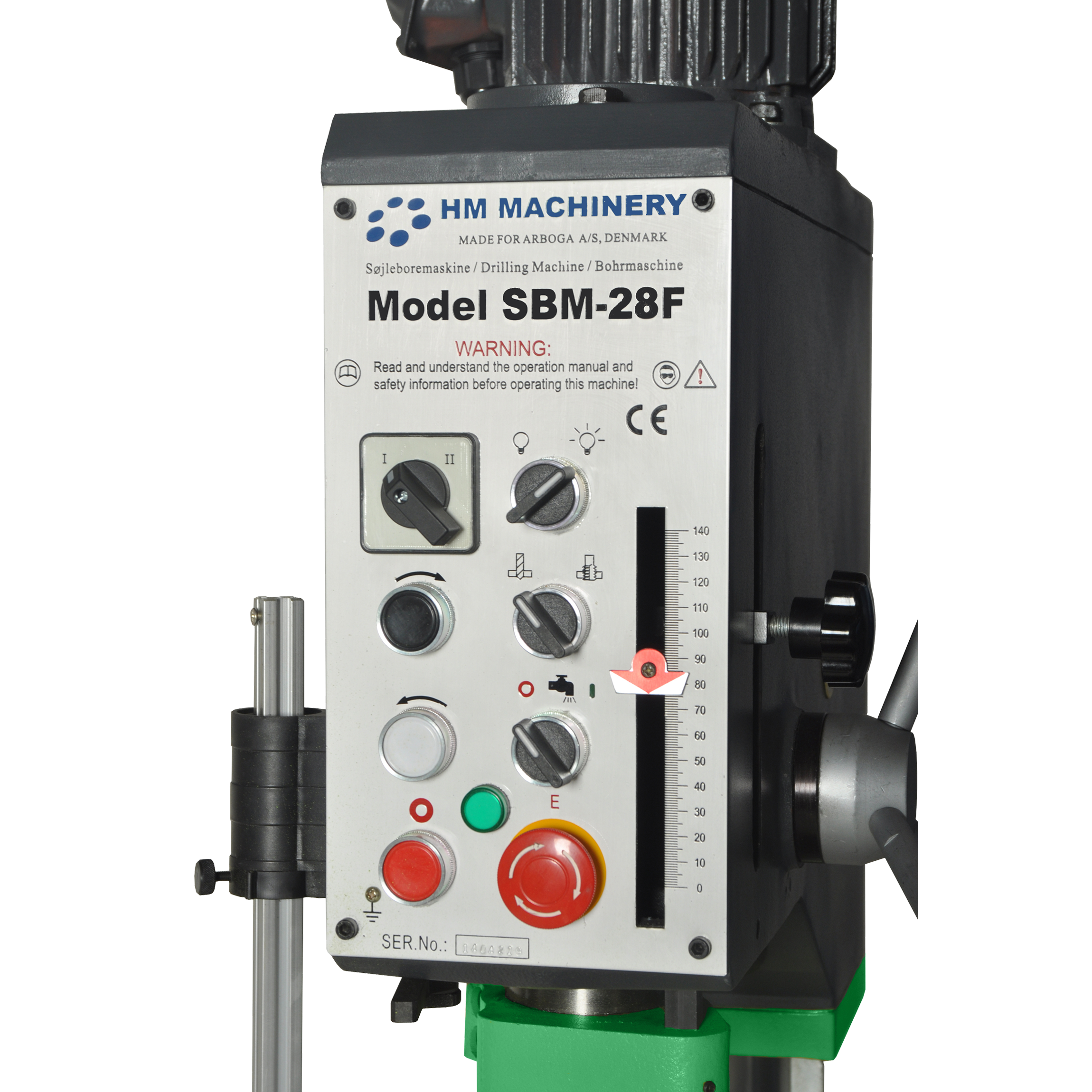 HM Machinery SBM 28F Pillar drill control panel with tapping depth and speed control.