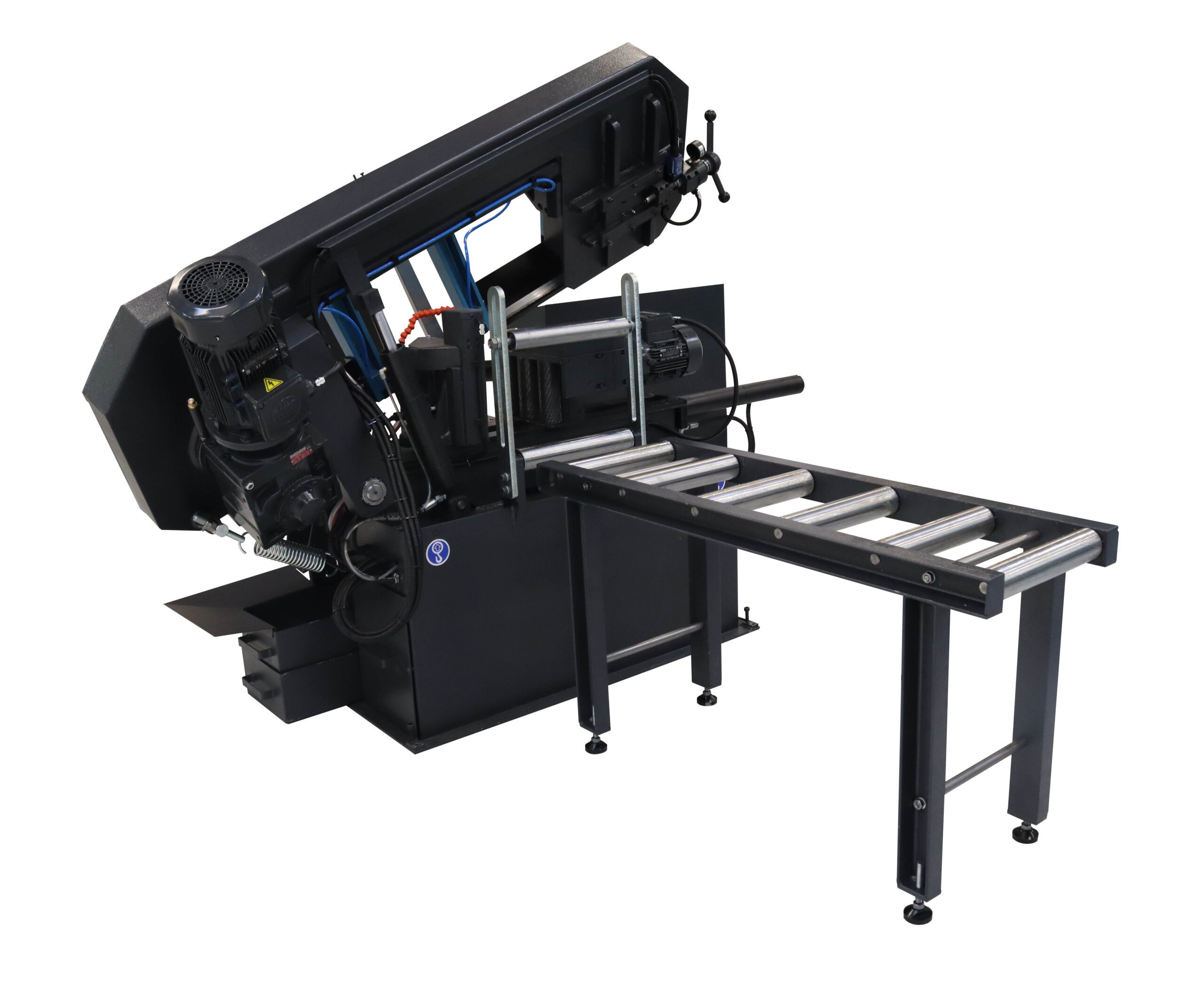 Scantool BE320E Auto Bandsaw back view with roller table.