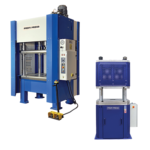 Four column hydraulic presses large and small for stamping metal blanks with precision.