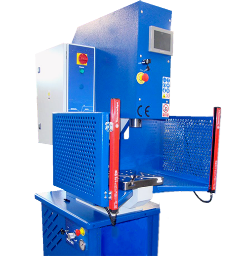 PPC-28 C-Frame Hydraulic Press with Guarding and Enlarged Table alogn with light curtains.