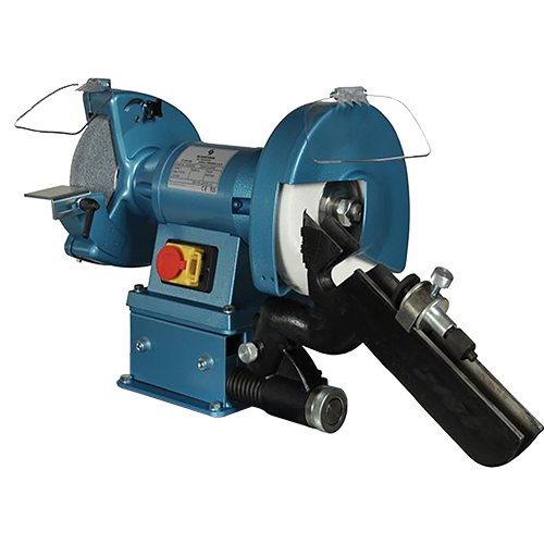 SC200-DGT-A Drill Grinder, close-up grinding wheels, drill bit inserted. Caption: Sharpen drill bits precisely with the SC200-DGT-A grinder's versatile grinding wheels.